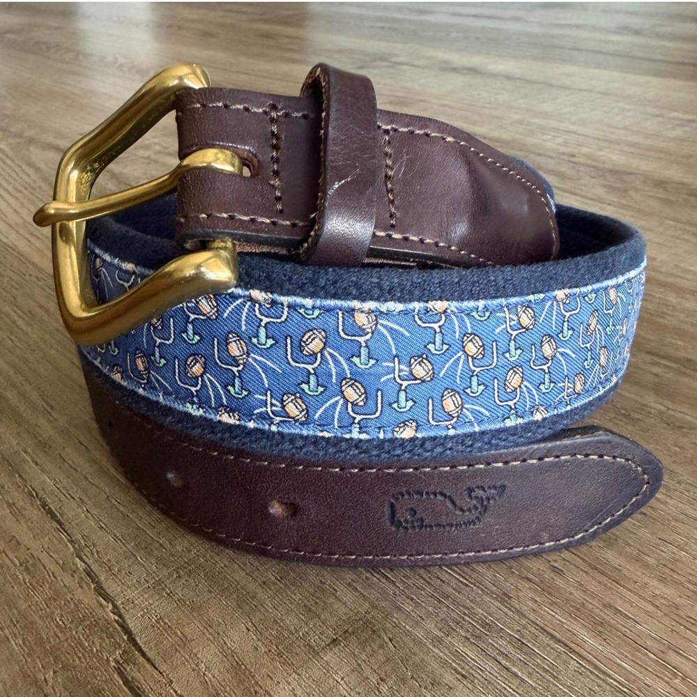 Vineyard Vines Mens 34 Football Goalpost Canvas Leather Belt Navy Blue USA Made